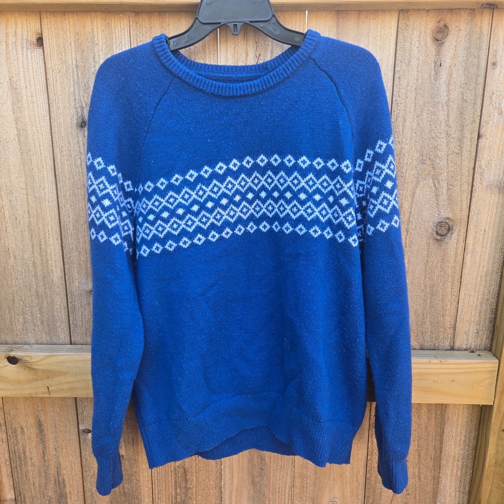 Gap Merino Wool Blend Fair Isle Crewneck Sweater Blue White Mens Medium Y2K